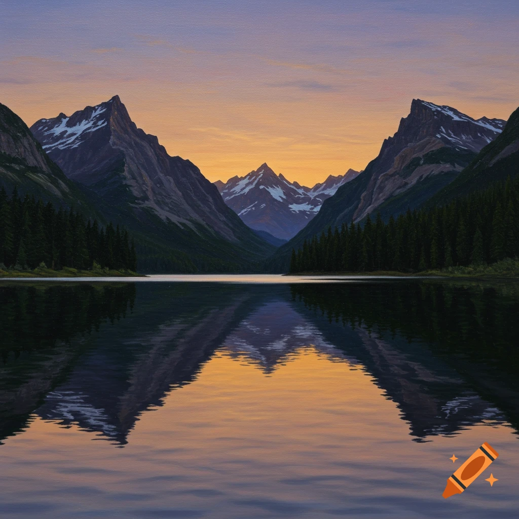 Photorealistic image of a serene lake surrounded by tall mountains under an orange and purple sky, with reflections on the water.