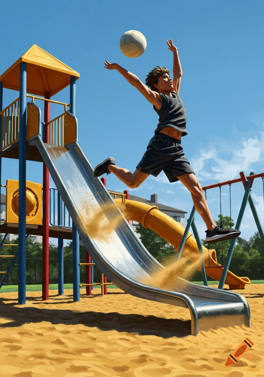A person in mid-air hits a volleyball over a playground slide with sand spraying on a sunny day, digital painting.