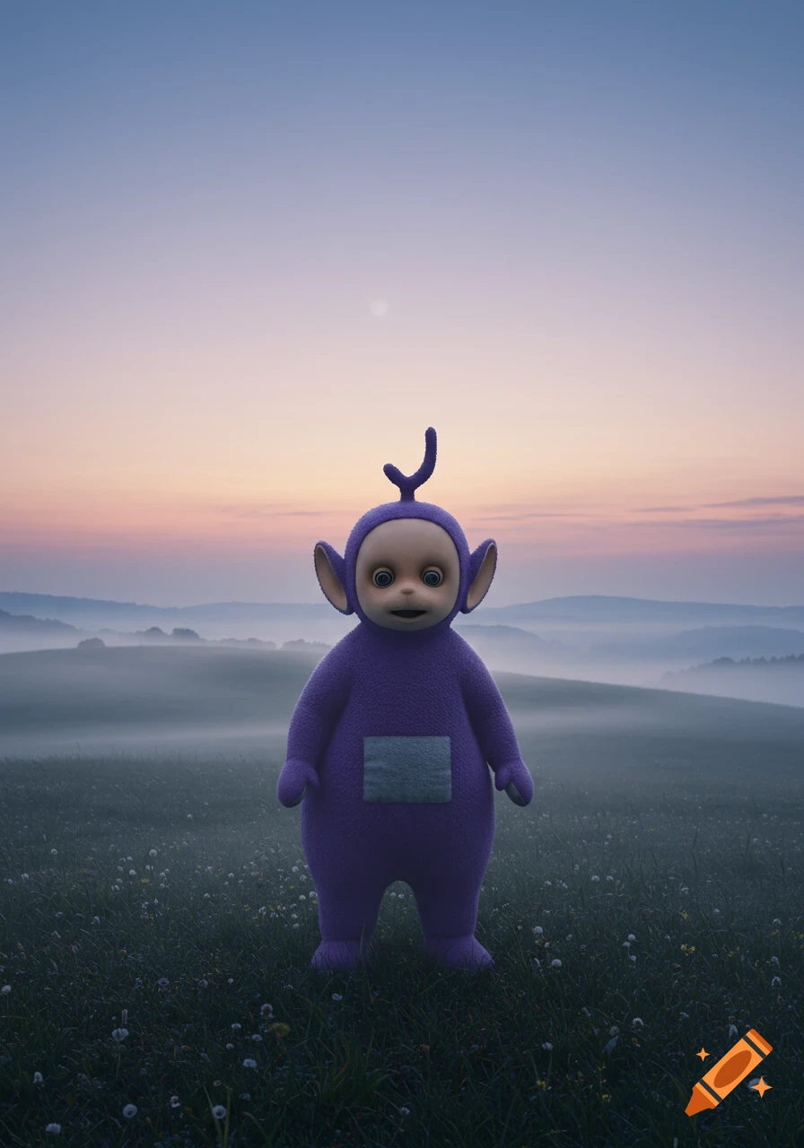 A purple Teletubbie character with a realistic, wide-eyed face stands in a misty, grassy field at sunrise with distant hills.