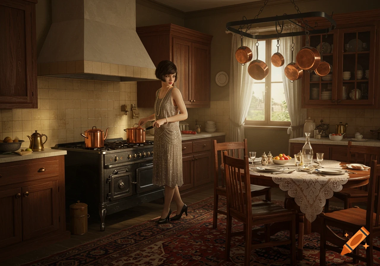 A hyperrealistic image of a 1920s woman in a beaded dress cooking in a vintage kitchen.