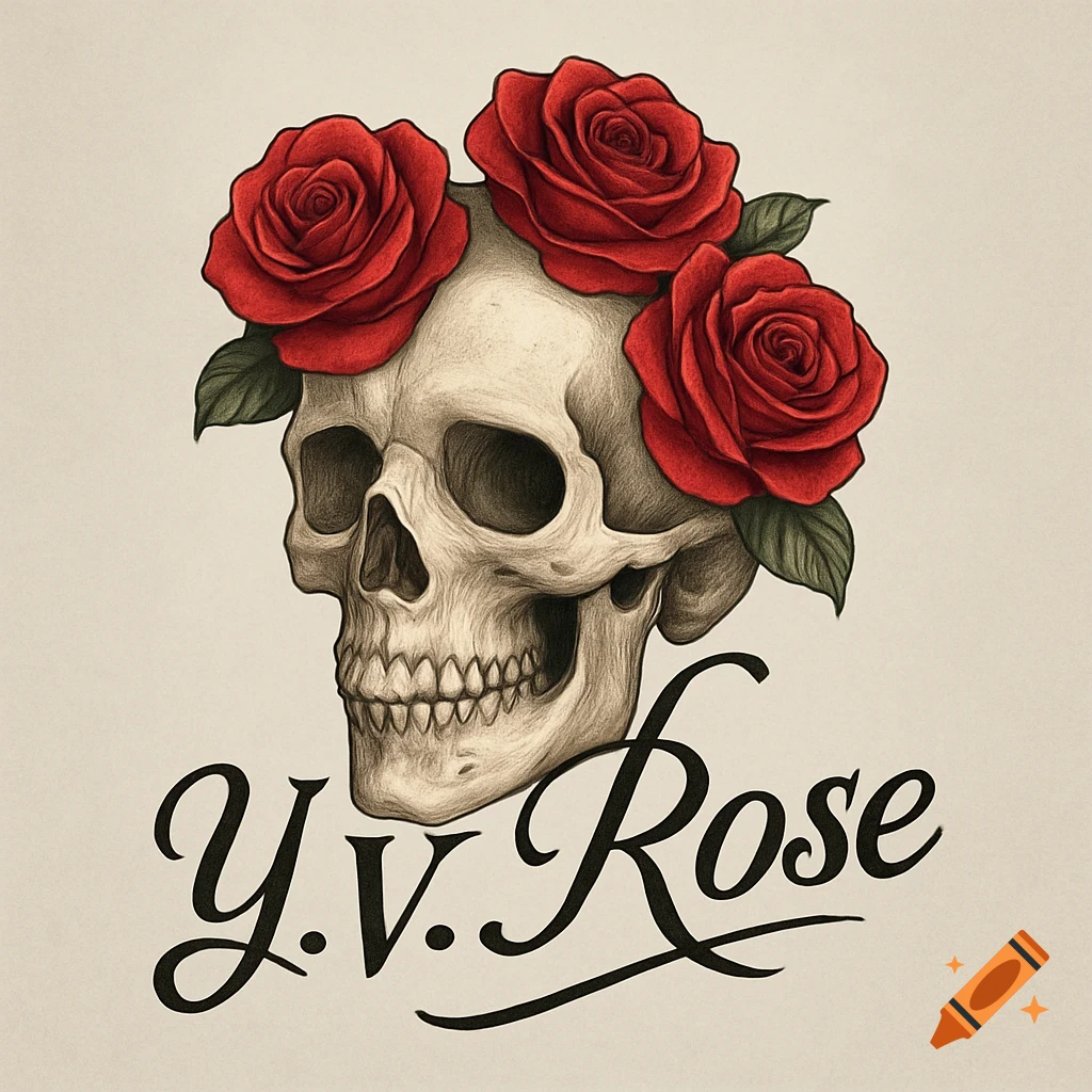 Illustrated skull adorned with red roses, with 'Y.V. Rose' text below.