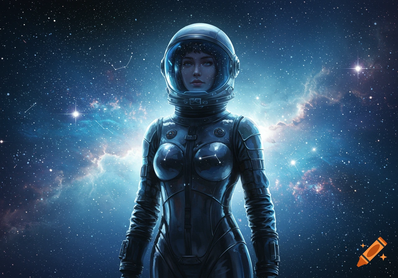 A woman in a futuristic silver spacesuit stands in a starry blue nebula in deep space.