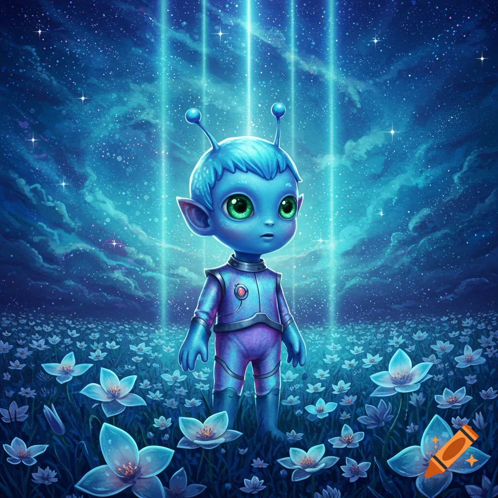 A cute blue alien with green eyes stands in a field of glowing flowers under a starry, beaming sky.
