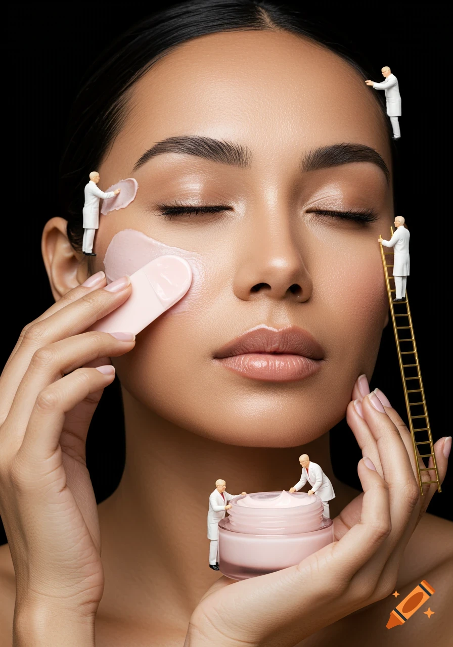 Close-up of a woman with eyes closed, having pink cream applied to her face by tiny cosmetologist figures, photorealistic.