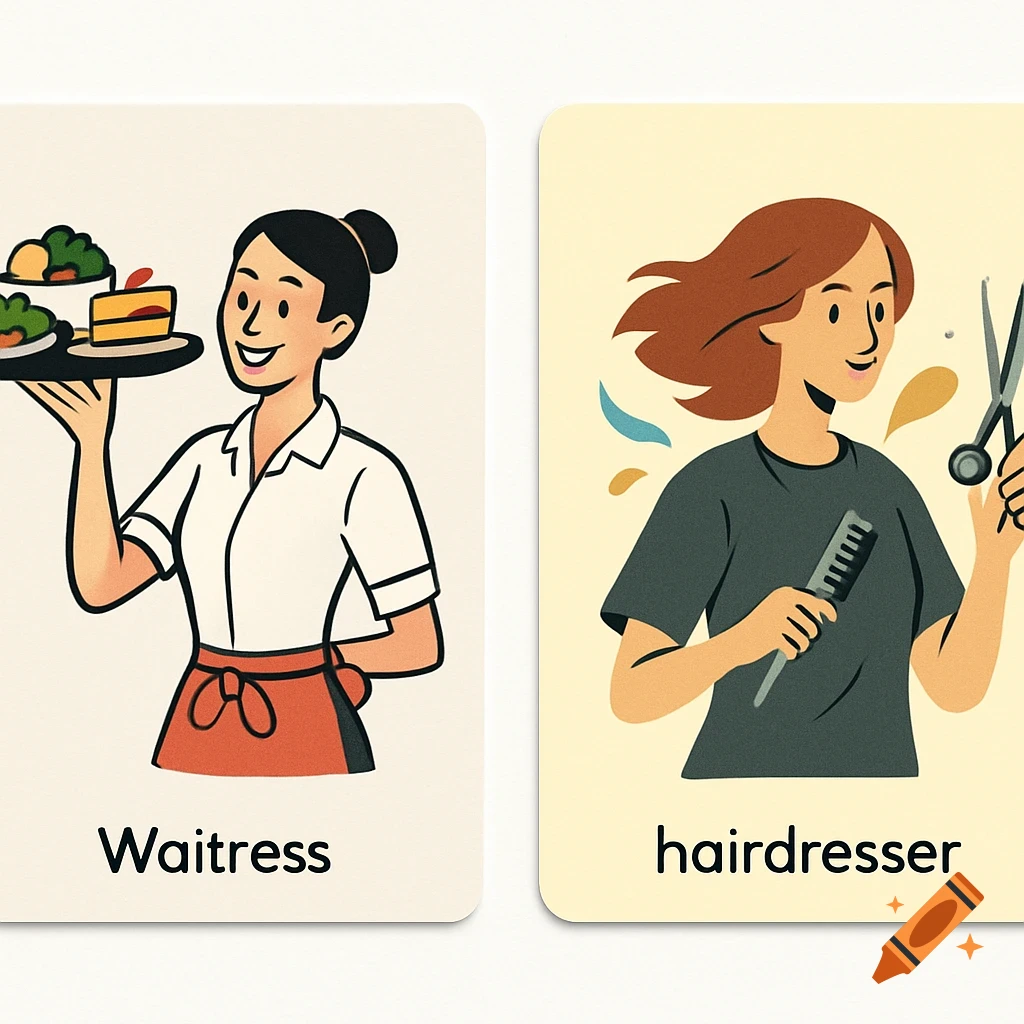 Two flashcards with flat illustrations: a waitress holding a tray and a hairdresser with scissors and a comb.