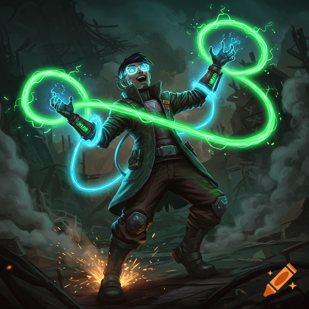 An ecstatic character in a trench coat and glasses generates glowing green and blue plasma energy in a dark, ruined landscape with sparks.