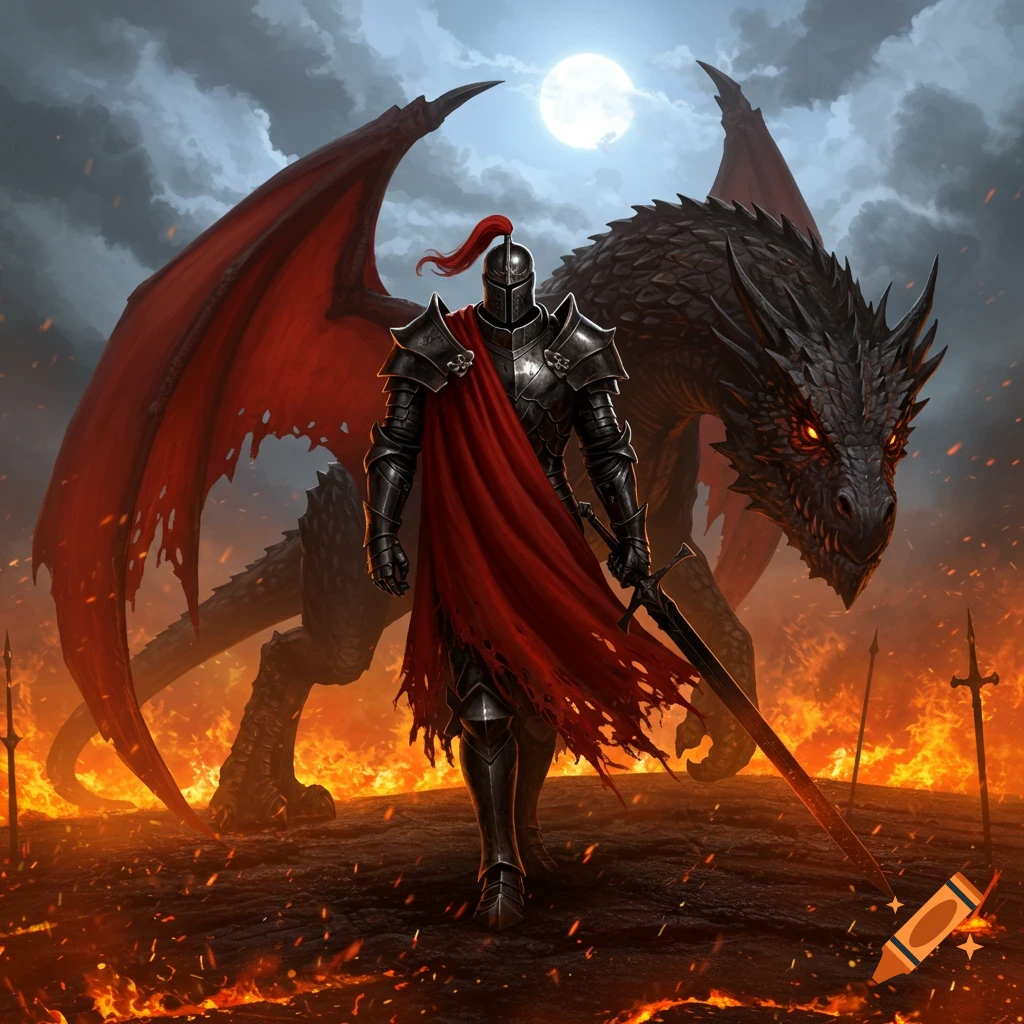 A knight in dark armor and a torn red cape stands in a fiery landscape under a moonlit sky, a large black dragon with glowing eyes behind him.