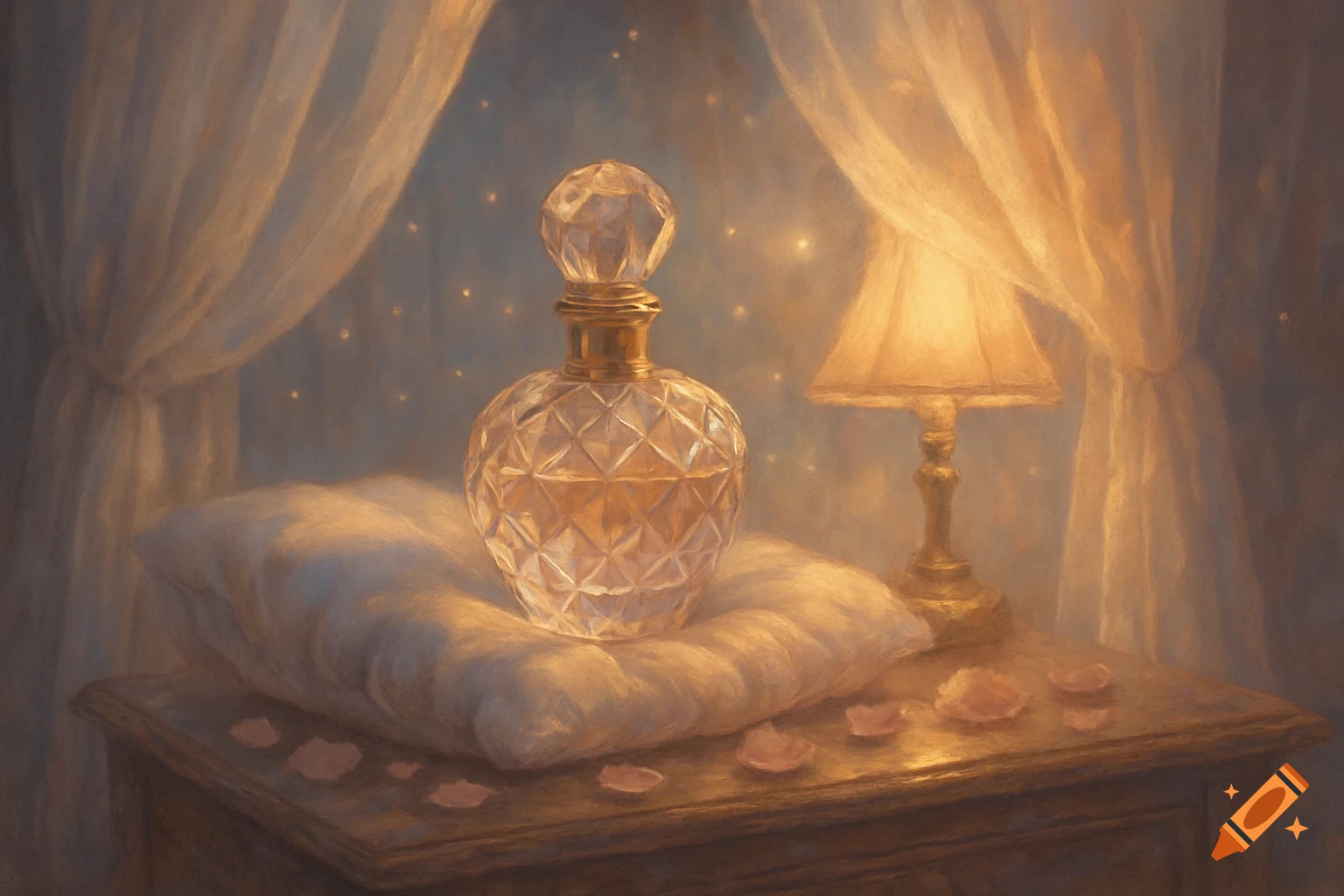 A decorative crystal perfume bottle with a gold neck sits on a soft white pillow on a wooden nightstand, next to a glowing table lamp. Rose petals are scattered on the table, and sheer curtains frame the dreamy background.