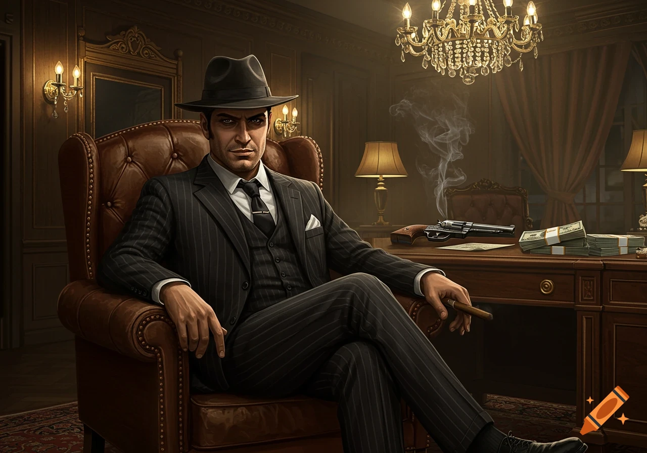 A man in a pinstripe suit and fedora sits in a leather armchair, smoking a cigar, in an opulent office with a gun and money on a desk. Photorealistic style.