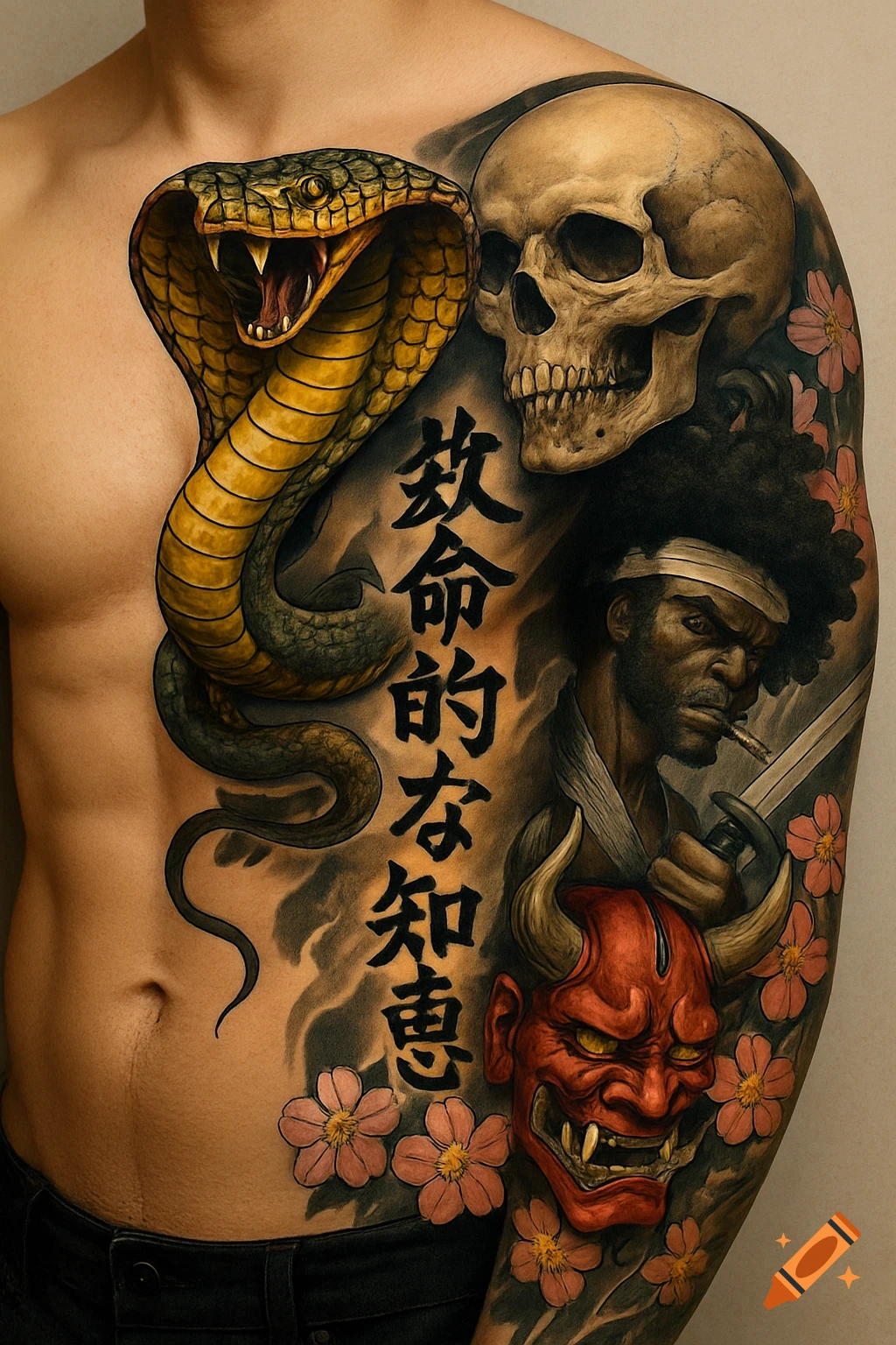 A vibrant tattoo sleeve featuring a yellow cobra, a human skull, Japanese kanji for "Deadly Wisdom", Afro Samurai smoking a cigarette, a red Oni mask, and pink cherry blossoms on a person's chest and arm.