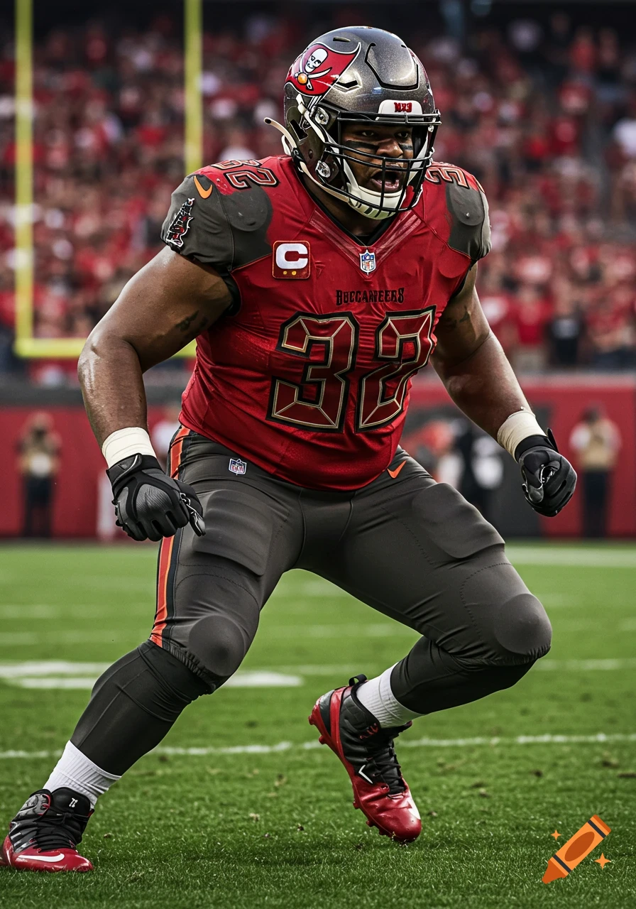 A photorealistic image of an American football player in a red and grey uniform, number 32, on a green field in a stadium.