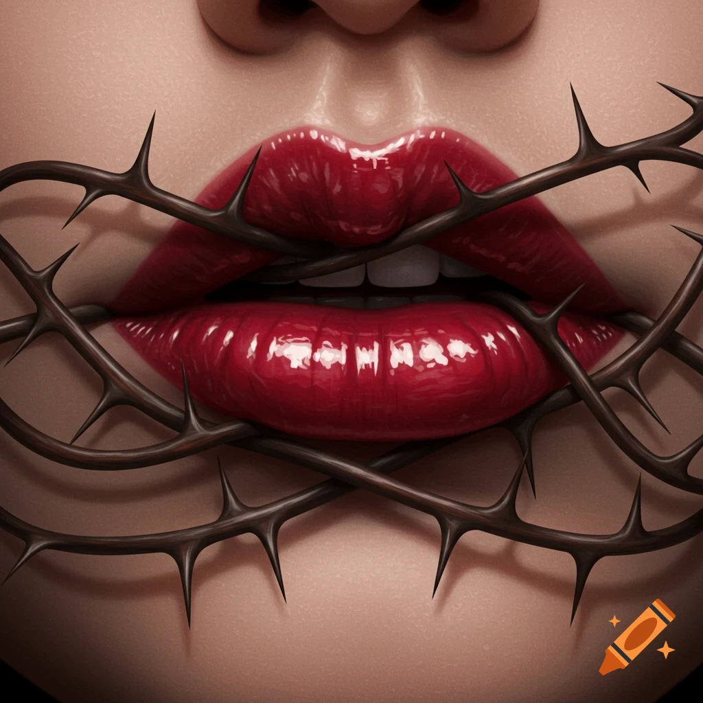 A close-up of bright red, glossy lips with dark, thorny briars wrapped around them, covering the mouth.