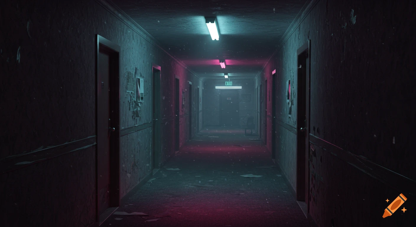 A long, dimly lit hallway with blue-green and pink fluorescent lights, a distant 'EXIT' sign, and an eerie, misty atmosphere.