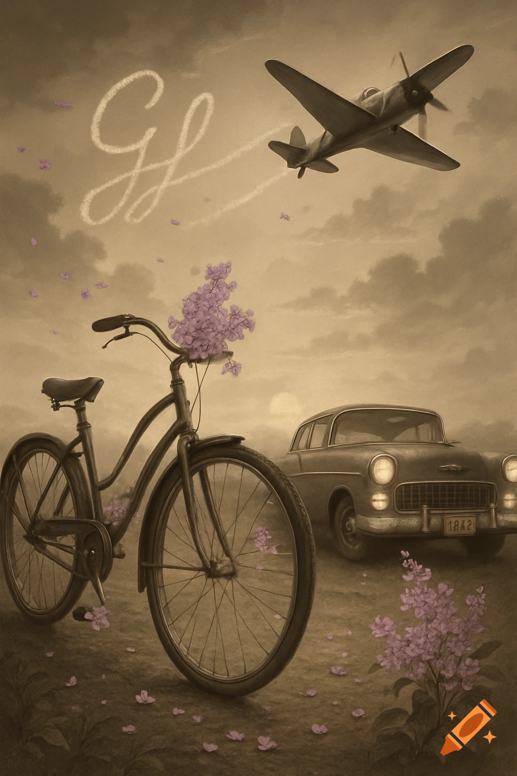 Sepia-toned vintage art of a bicycle with lilacs, a classic car, and a propeller plane writing "GJ" in the sky.