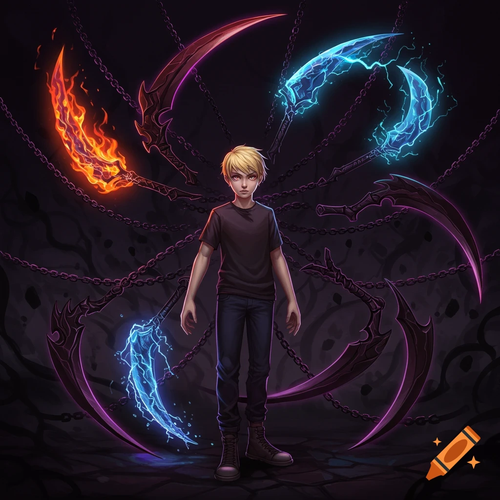 A serious blonde-haired boy in casual clothes stands amidst five glowing elemental chain sickles on a dark, chained background.