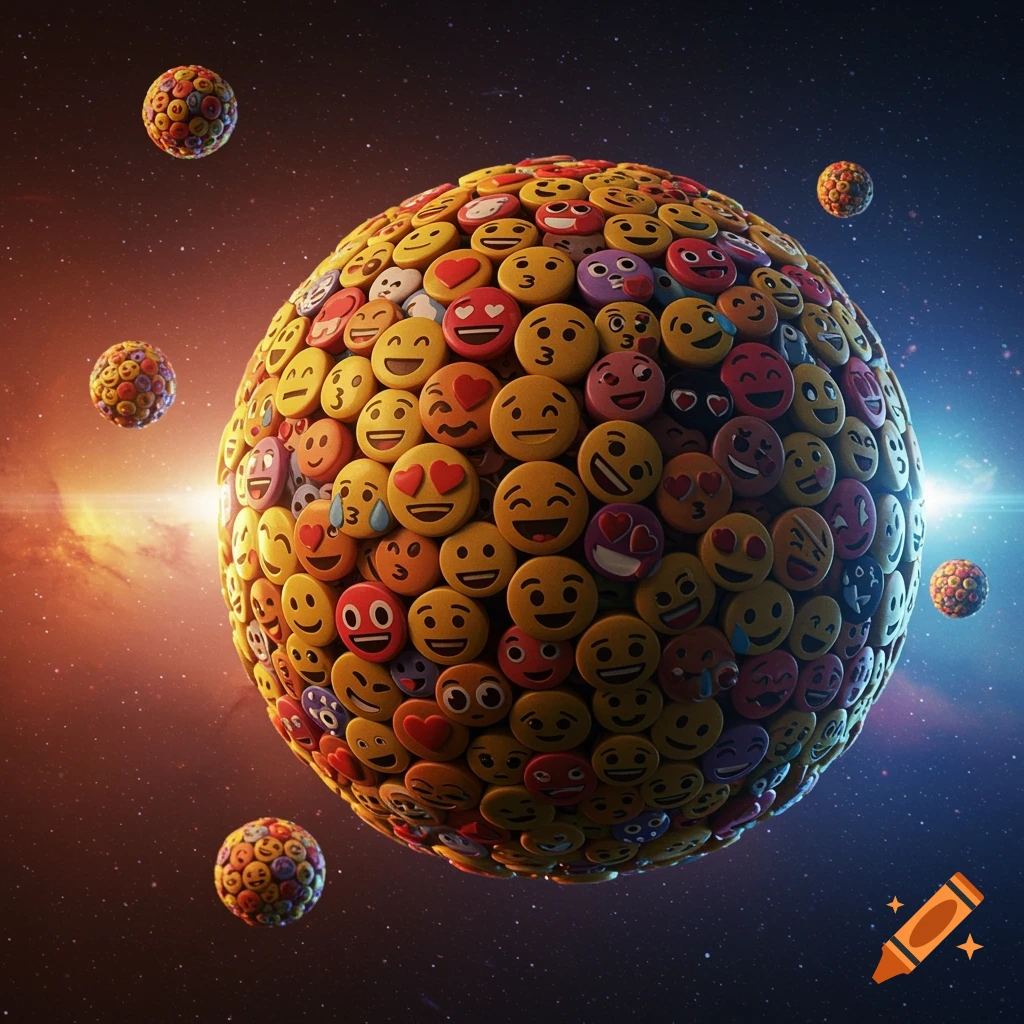 A vibrant planet composed entirely of various emojis, including happy, sad, and heart-eyed faces, floats in a starlit cosmic expanse with other small emoji planets.