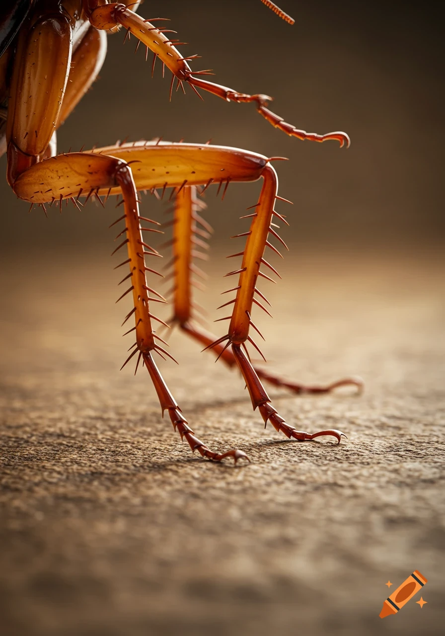Close-up macro shot of cockroach legs with spiky bristles on a textured surface.