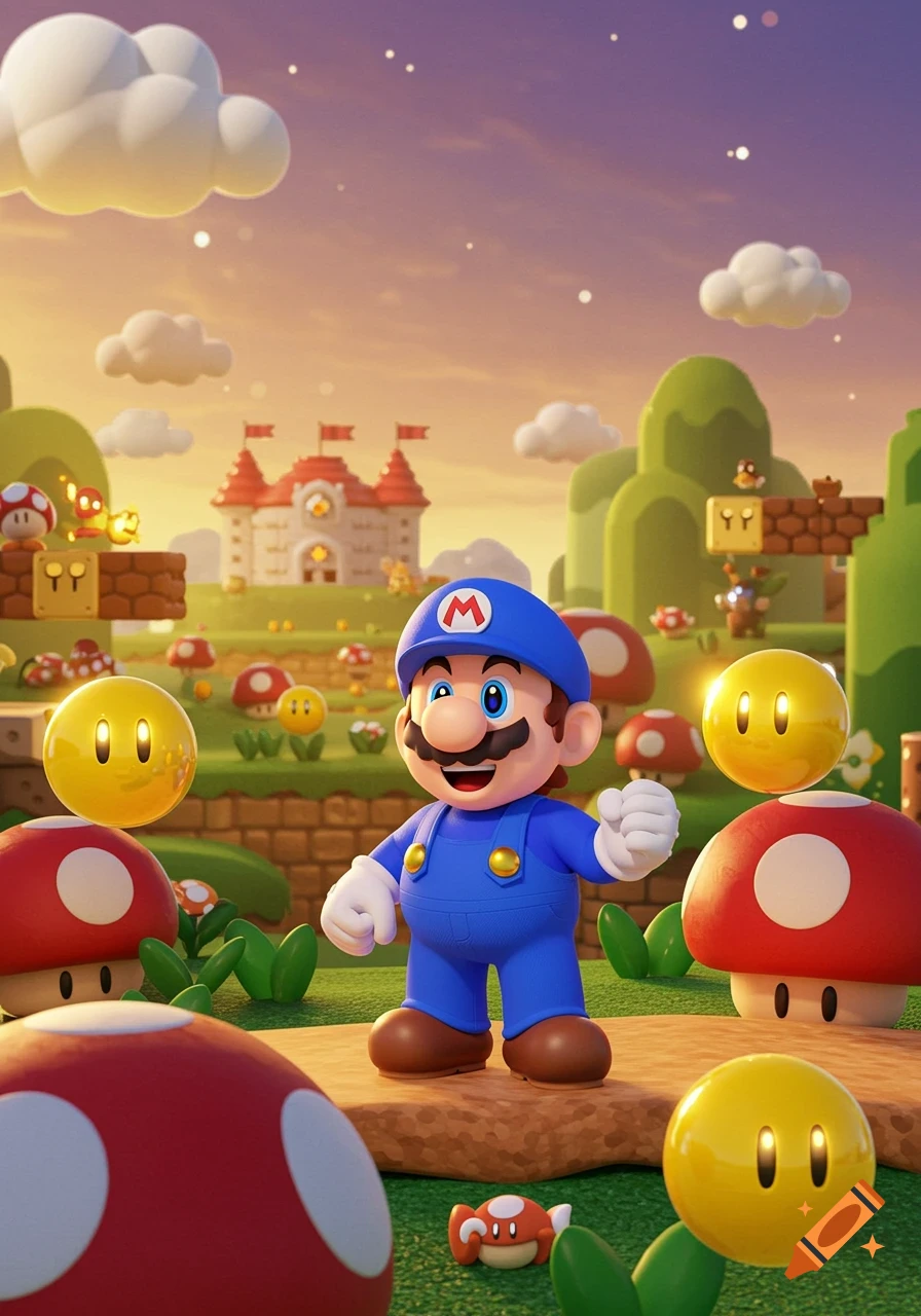 A blue-clad Mario-like character stands in a vibrant, stylized Super Mario Bros. landscape with a castle, mushrooms, and floating golden coins under a sunset sky.
