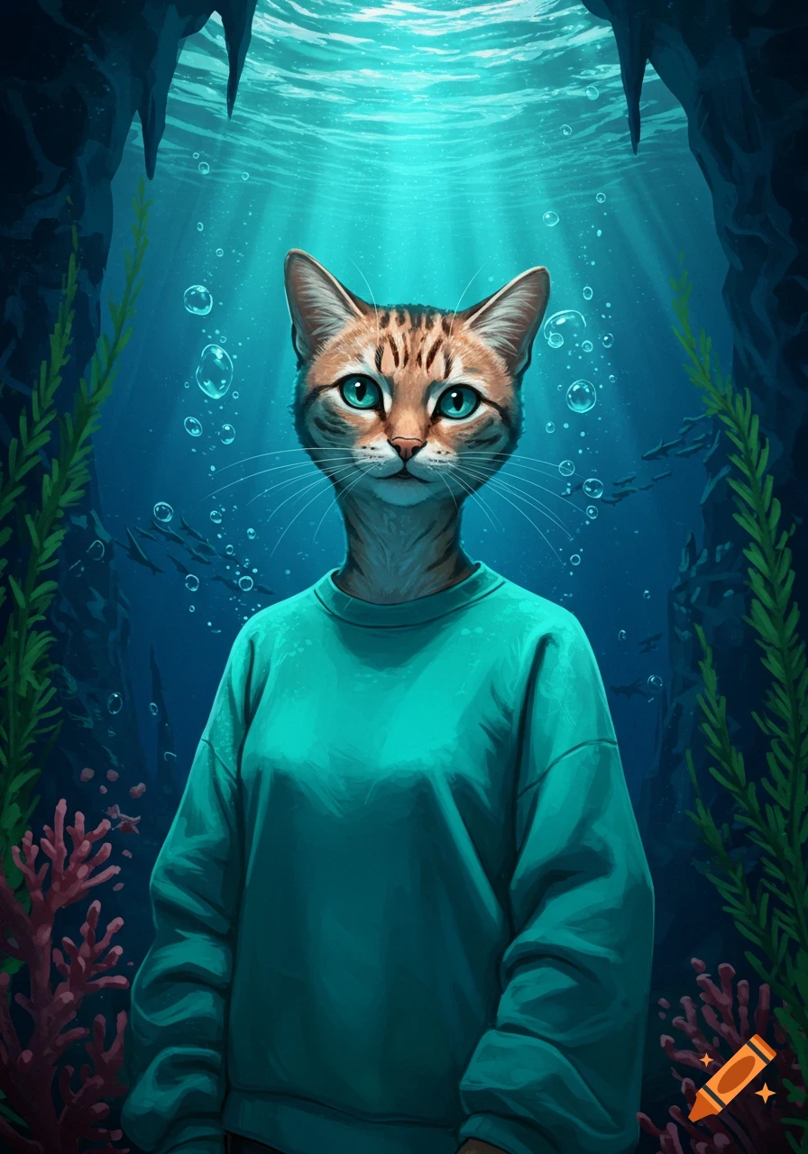 A cat's head on a human-like body wearing a teal sweatshirt, standing underwater amidst coral, seaweed, and light rays.