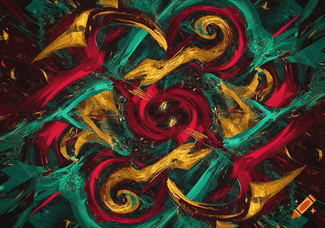 An abstract pattern of swirling red, gold, and teal shapes with a painterly texture.