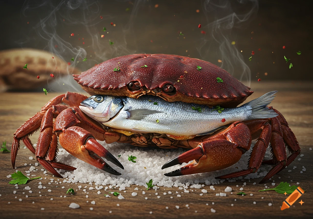 A cooked red crab with a whole silver fish nestled inside its shell, resting on a bed of salt with steam and spices.