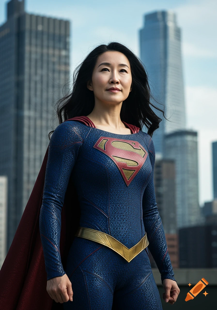 A photorealistic image of an Asian woman in a blue and red Superwoman costume, standing heroically in a cityscape.