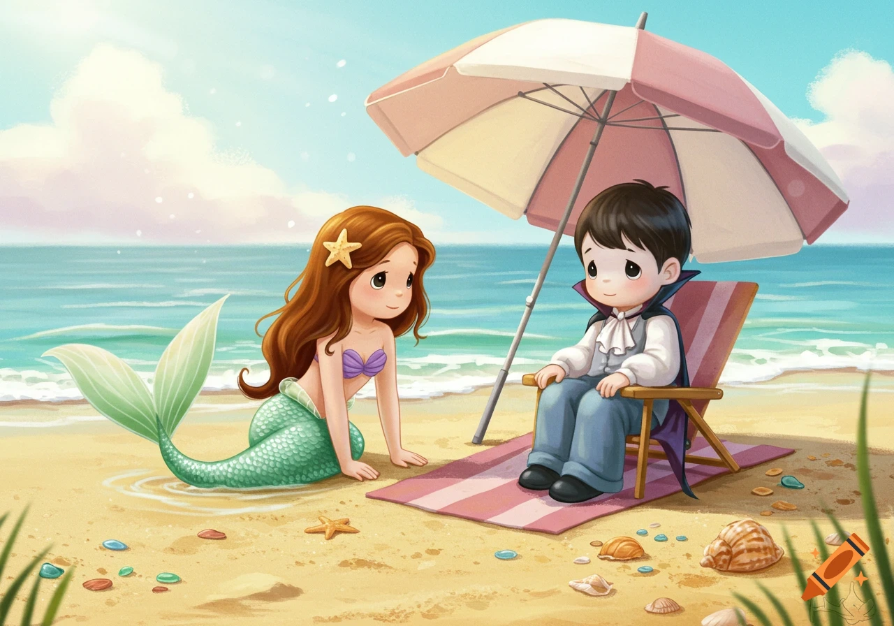 A cute cartoon mermaid with brown hair on a beach with a vampire boy under a pink umbrella.