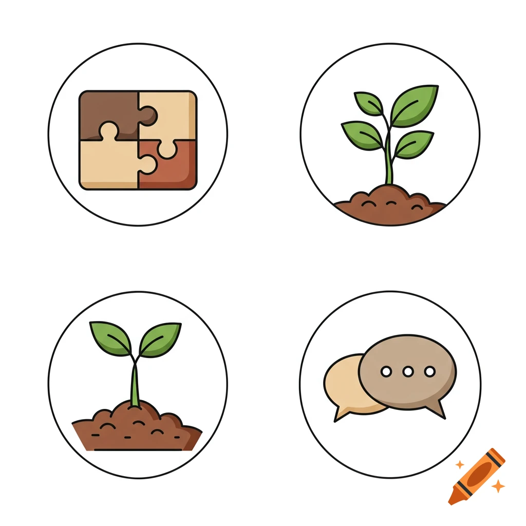Four vector icons in a grid. Top left: four interlocking puzzle pieces. Top right: a seedling with four leaves in soil. Bottom left: a seedling with two leaves in soil. Bottom right: two overlapping message bubbles with three dots.