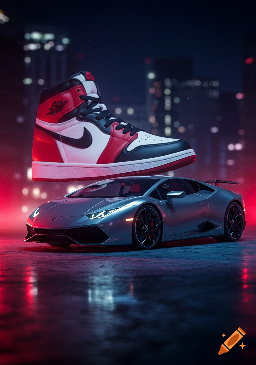 A red, white, and black Jordan 1 sneaker floats above a silver Lamborghini, set against a blurred city skyline at night with red and blue lighting.
