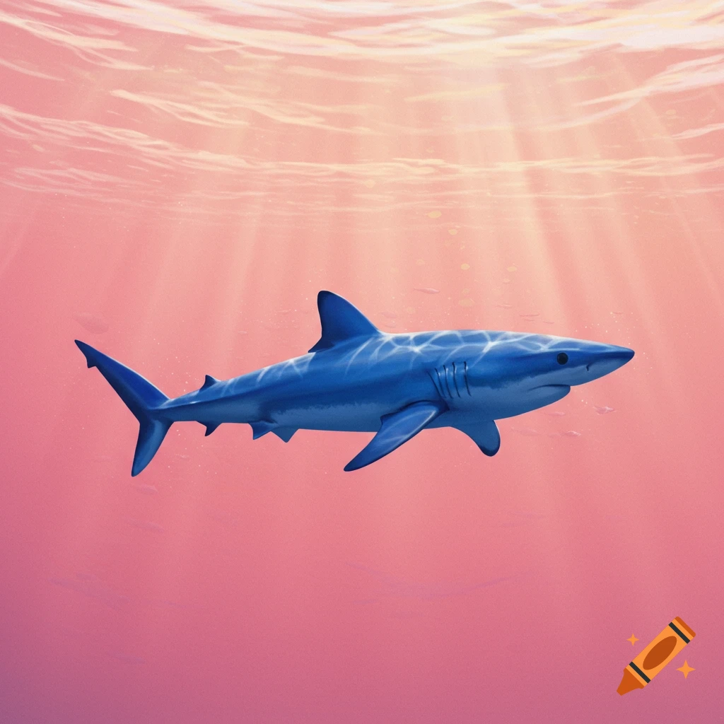 A vibrant blue shark swims underwater in pink-hued water, illuminated by sunbeams from the surface.