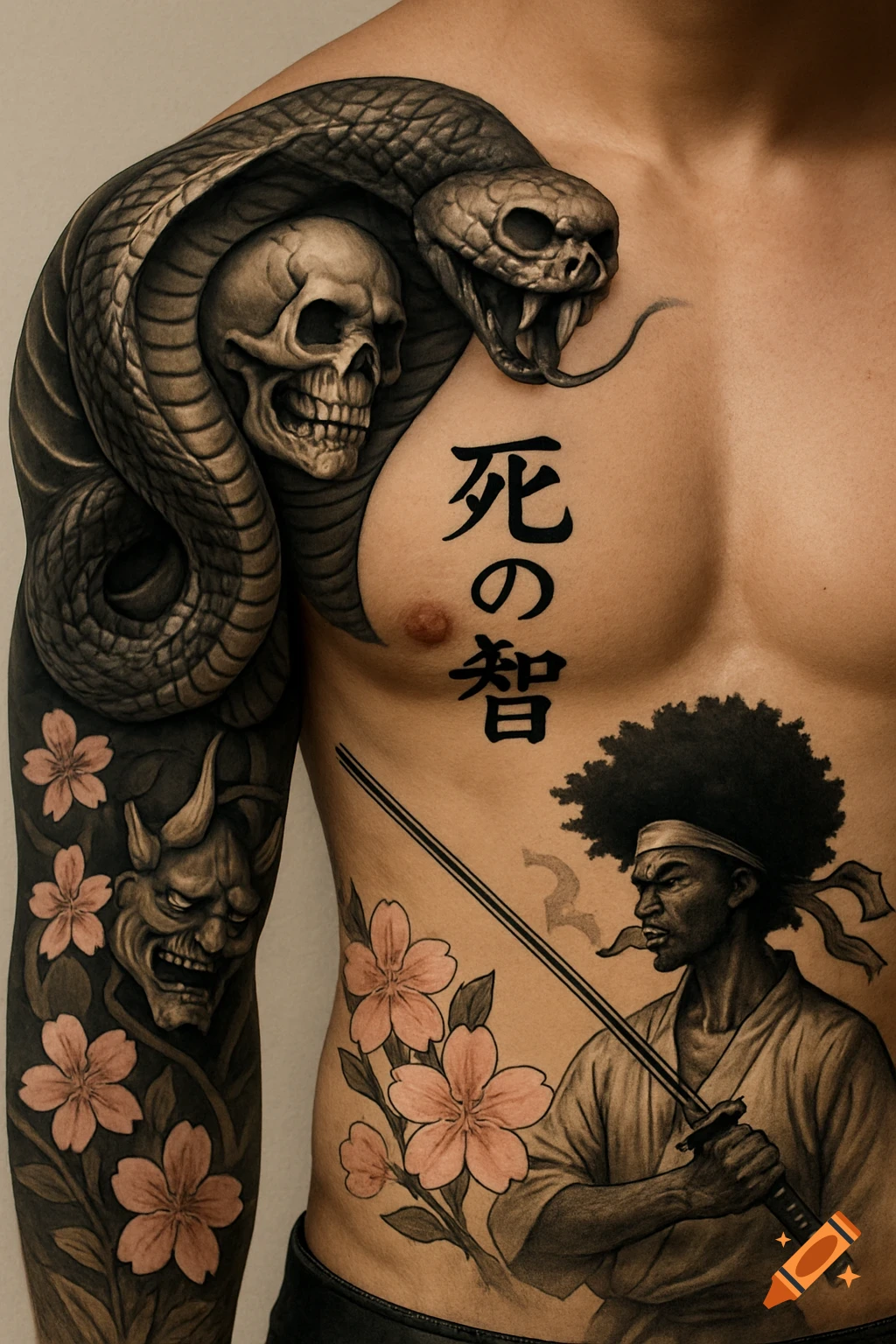 Close-up of a person's torso and arm covered in detailed black and gray Japanese-style tattoos, including a large snake wrapped around a skull on the shoulder, kanji text on the chest, an Oni mask on the bicep, and an Afro Samurai figure with a katana and cherry blossoms on the side.