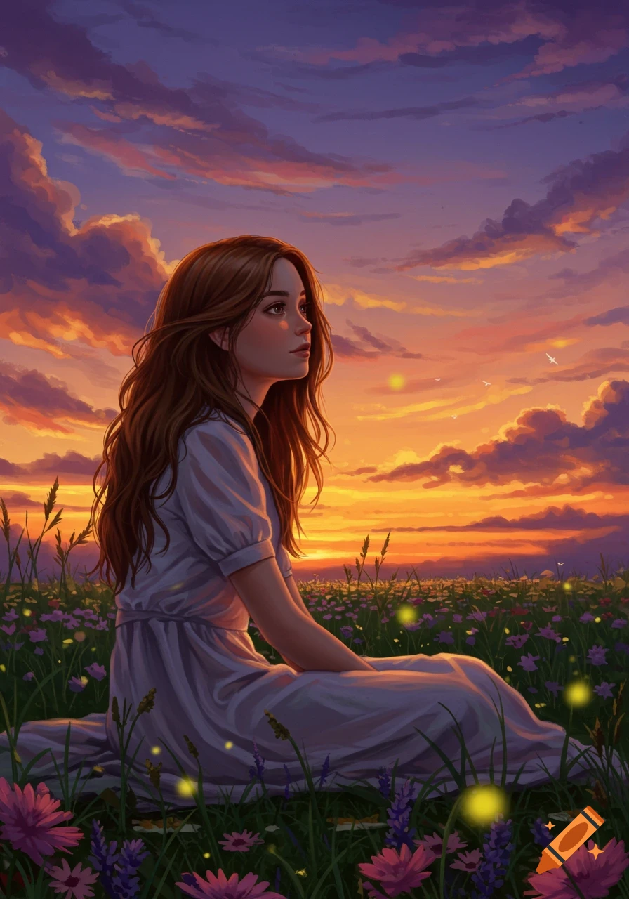 A young woman with long brown hair sits in a field of colorful wildflowers at sunset, gazing thoughtfully at the horizon in a painterly style.