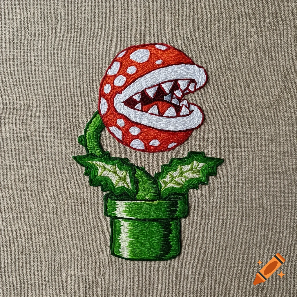 White yarn embroidery of a red and white Piranha Plant with green leaves emerging from a green pipe, on a tan fabric.