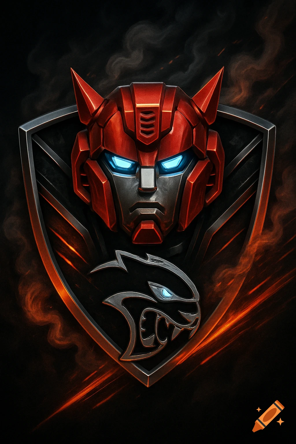 A red and gray robot head with glowing blue eyes combined with a stylized black Hellcat logo on a shield with fiery effects.