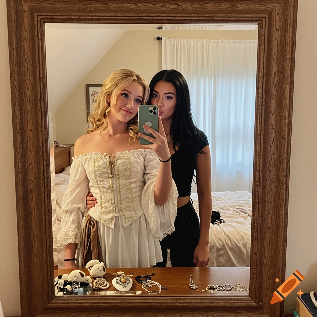 Two young women take a mirror selfie in a bedroom, one in a white pirate costume, the other in a black crop top.