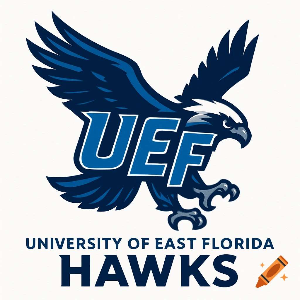 A bold, modern blue and white logo for the University of East Florida Hawks featuring an osprey with 'UEF' on its body.