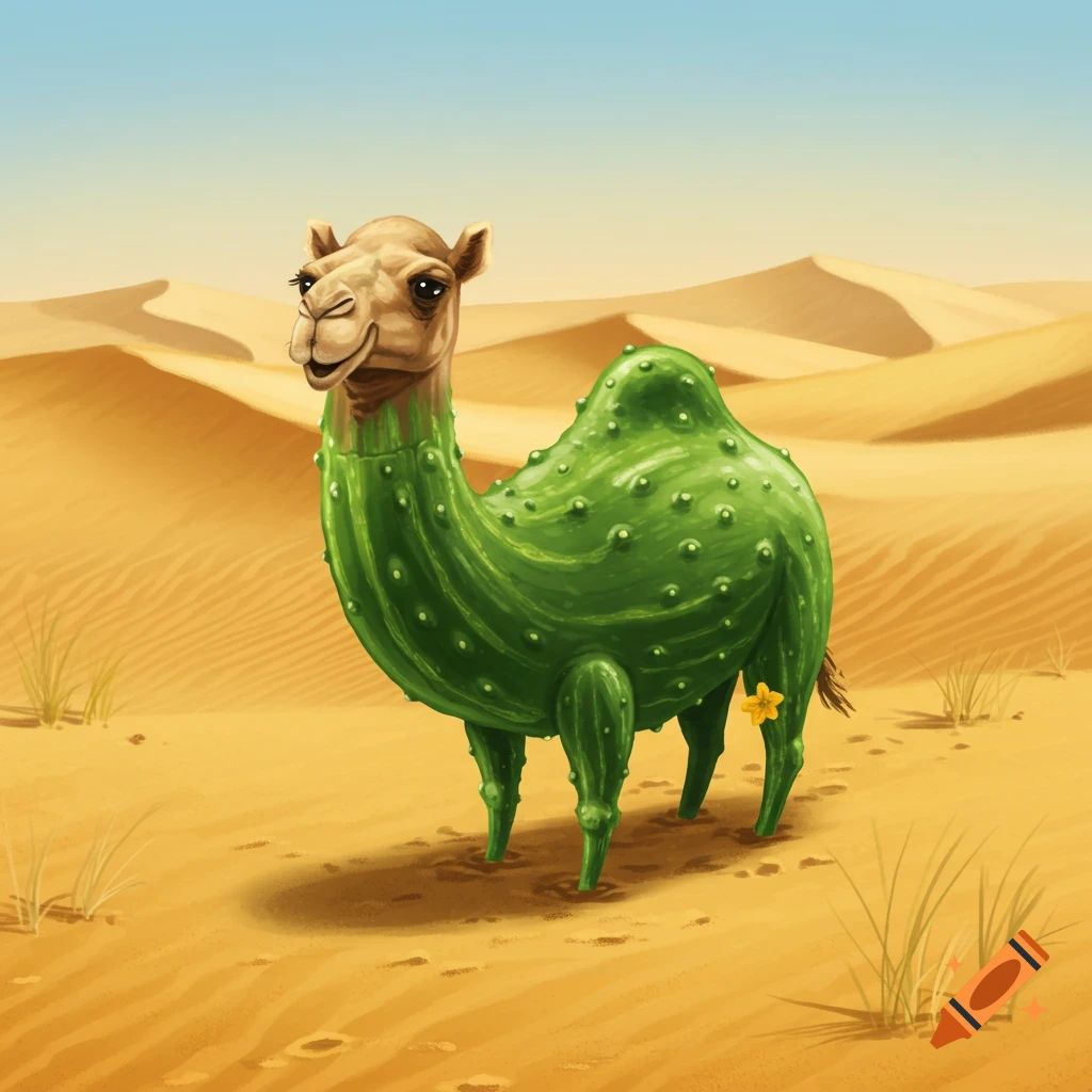 An illustrated camel with a green cucumber body and bumpy skin stands in a sandy desert.