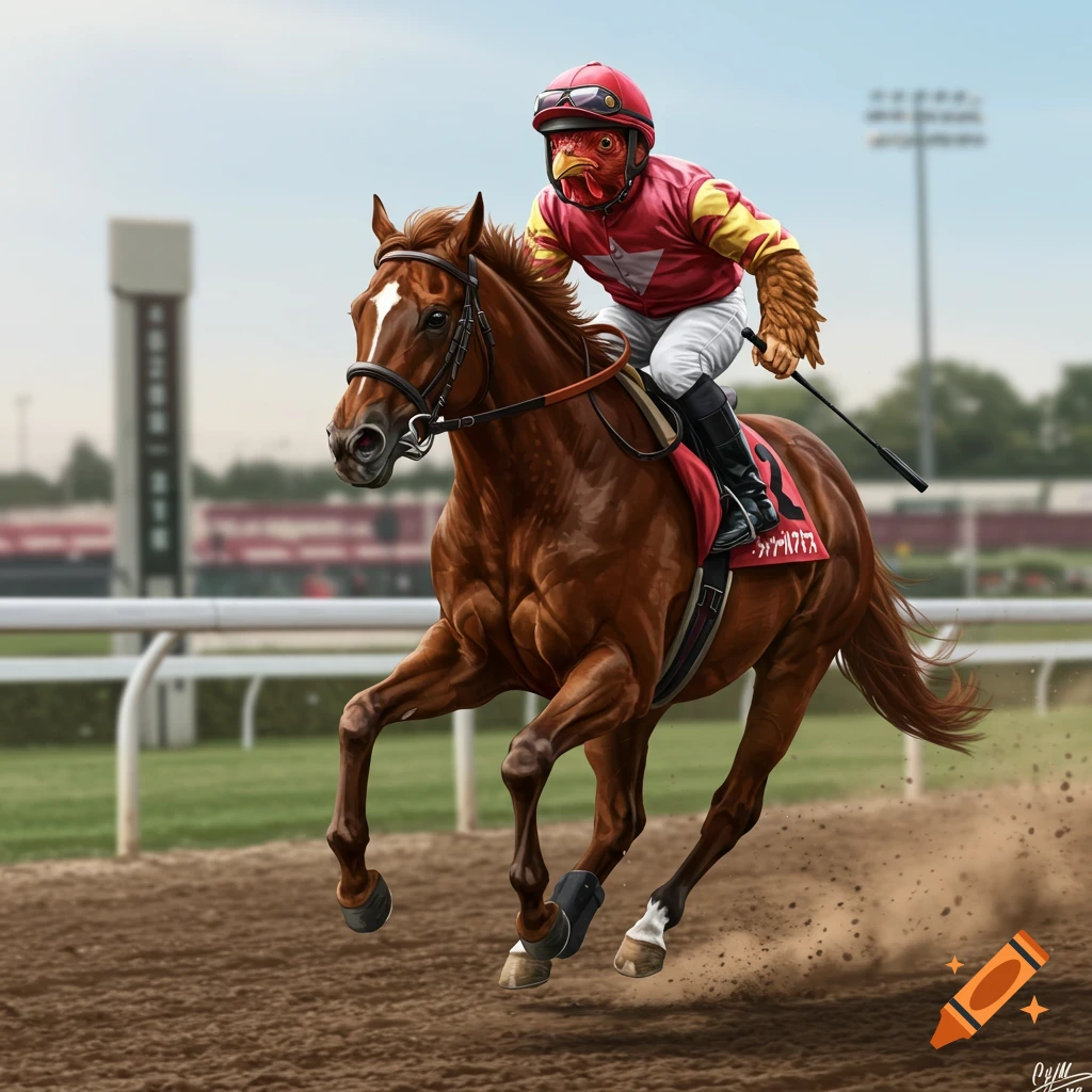 A chicken-headed jockey in red and yellow silks rides a galloping brown horse on a dirt racetrack, digital painting style.