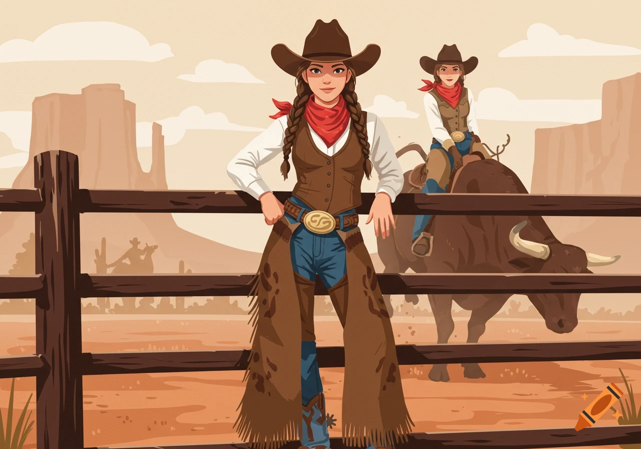 A cowgirl leans on a fence with another riding a bull in a western landscape, drawn in a vector art style.