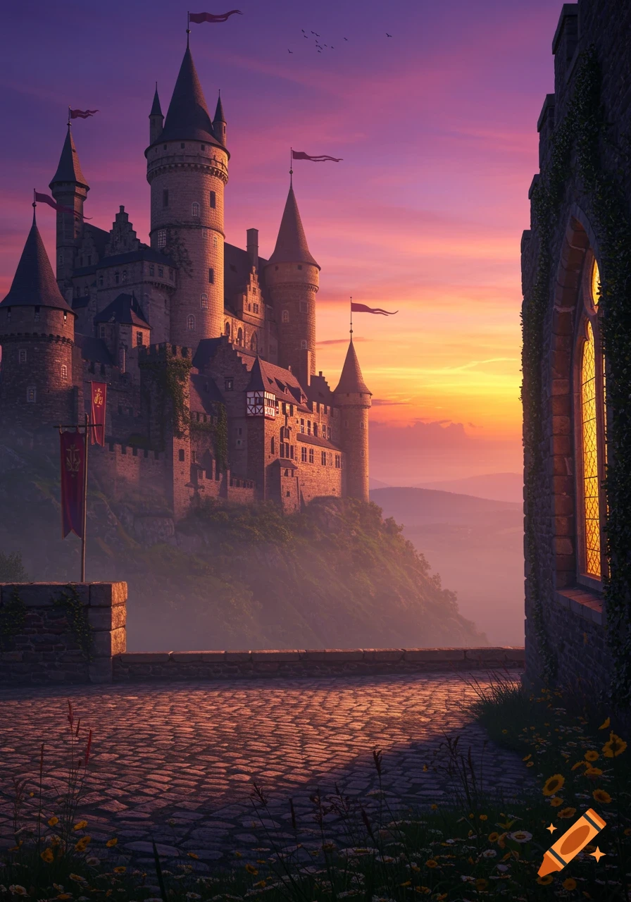 A majestic castle on a hill bathed in the vibrant purple and orange light of sunset, with a stone courtyard in the foreground.