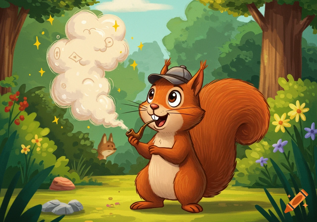 A cheerful cartoon squirrel wearing a gray cap smokes a pipe, exhaling a cloud with swirling symbols, in a vibrant green forest.