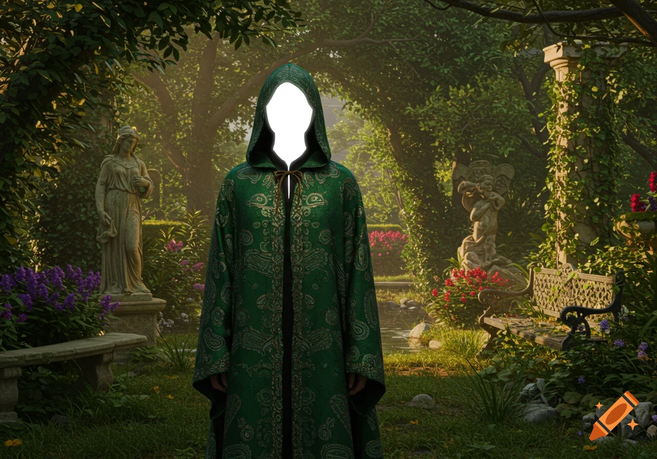 A figure in a green hooded robe with a white void for a face stands in a lush, sunlit garden with statues.