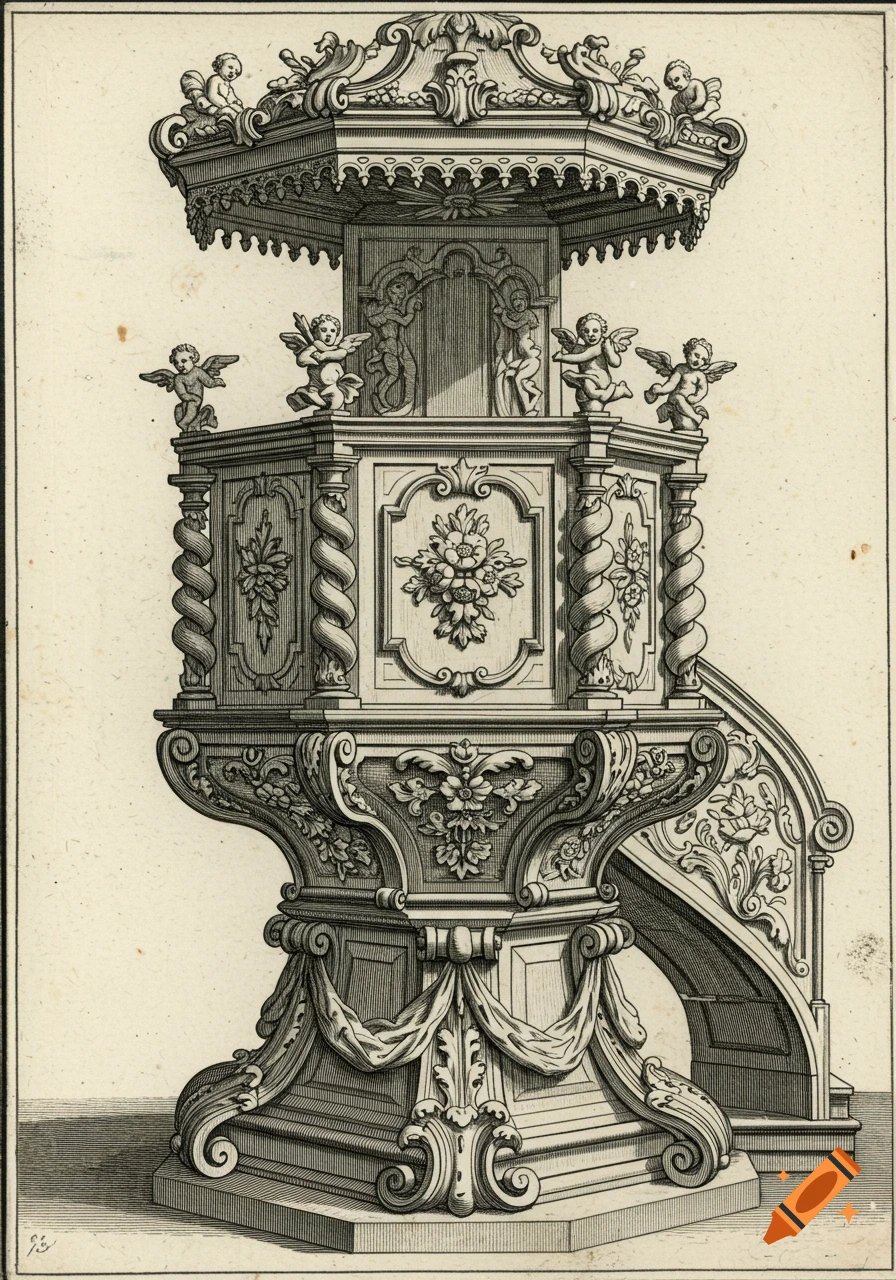 Detailed blackline drawing of an ornate baroque octagonal pulpit adorned with cherubs and intricate floral and scroll carvings.