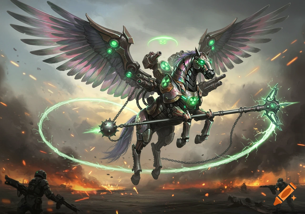 A powerful biomechanical Pegasus with large wings and green glowing elements, carrying heavy weaponry, flies over a chaotic battlefield with explosions and soldiers.