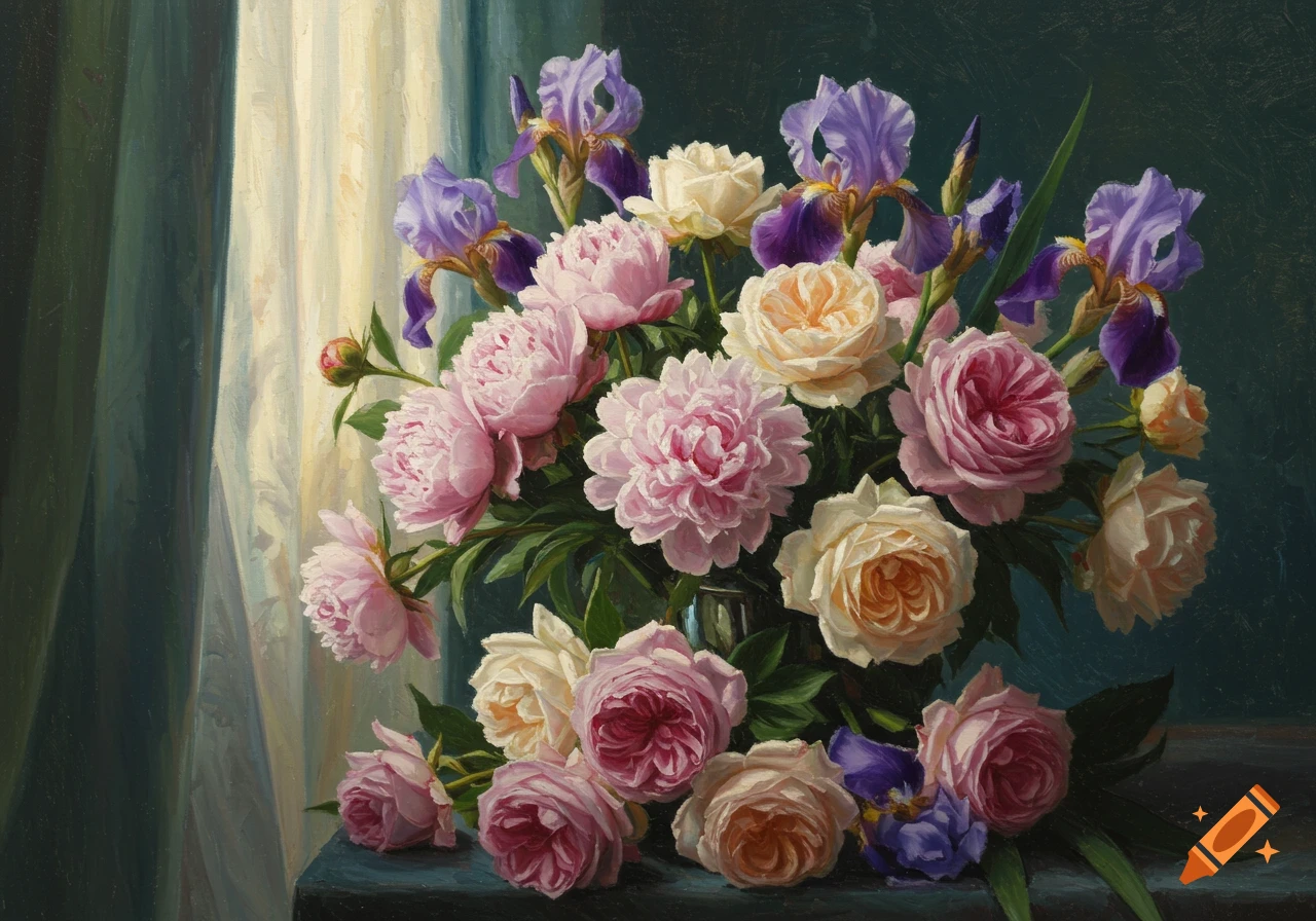 A painterly still life of a vibrant bouquet with pink peonies, cream roses, and purple irises.