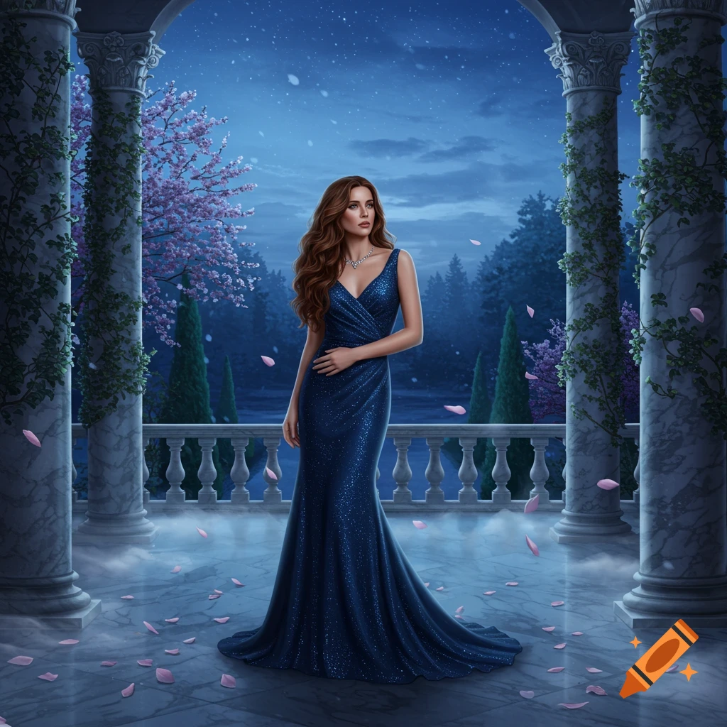 An elegant woman in a sparkling blue gown stands on a balcony under a starry night with falling pink petals.