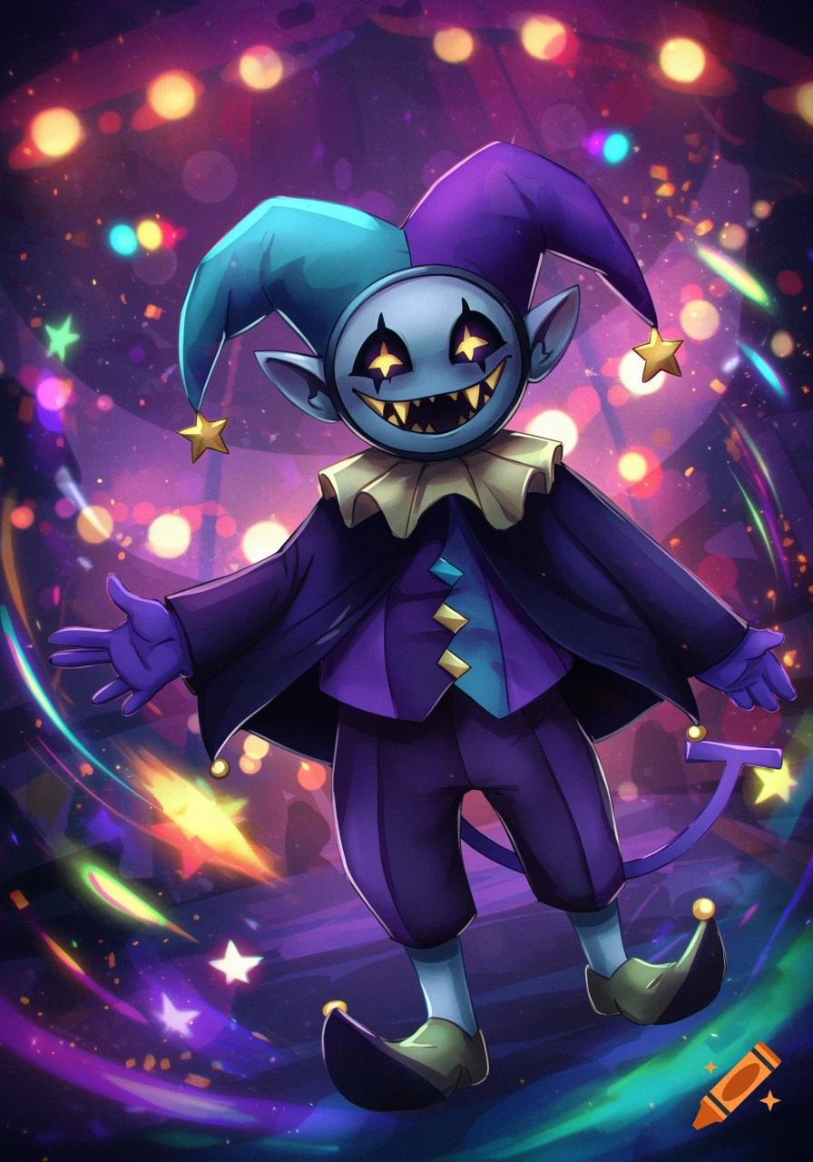 A cartoon jester character with a blue face, yellow star eyes, and a wide grin, dressed in a purple and teal jester suit with a ruffled collar, surrounded by colorful lights and stars.