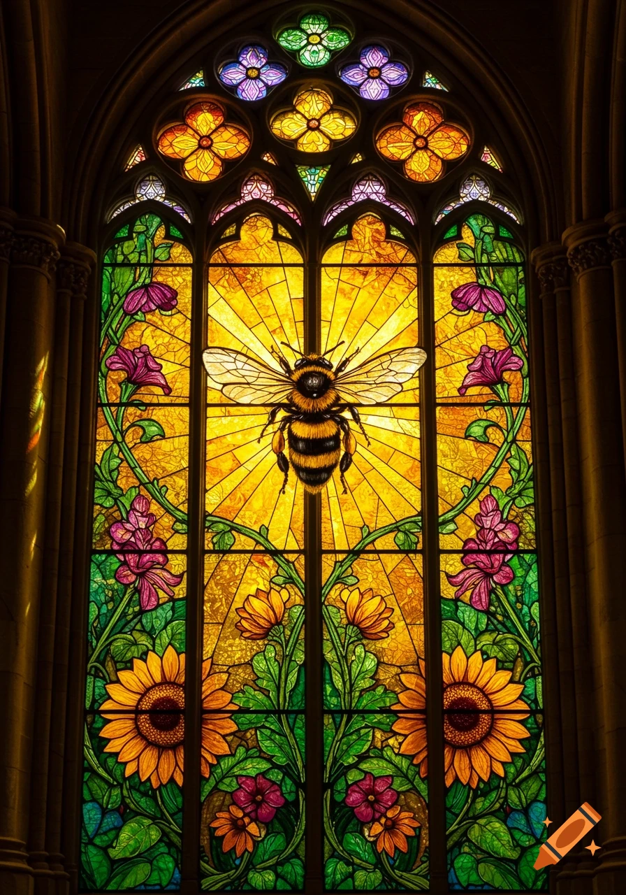 A vibrant stained glass window features a large bee at its center, surrounded by colorful flowers and green foliage.