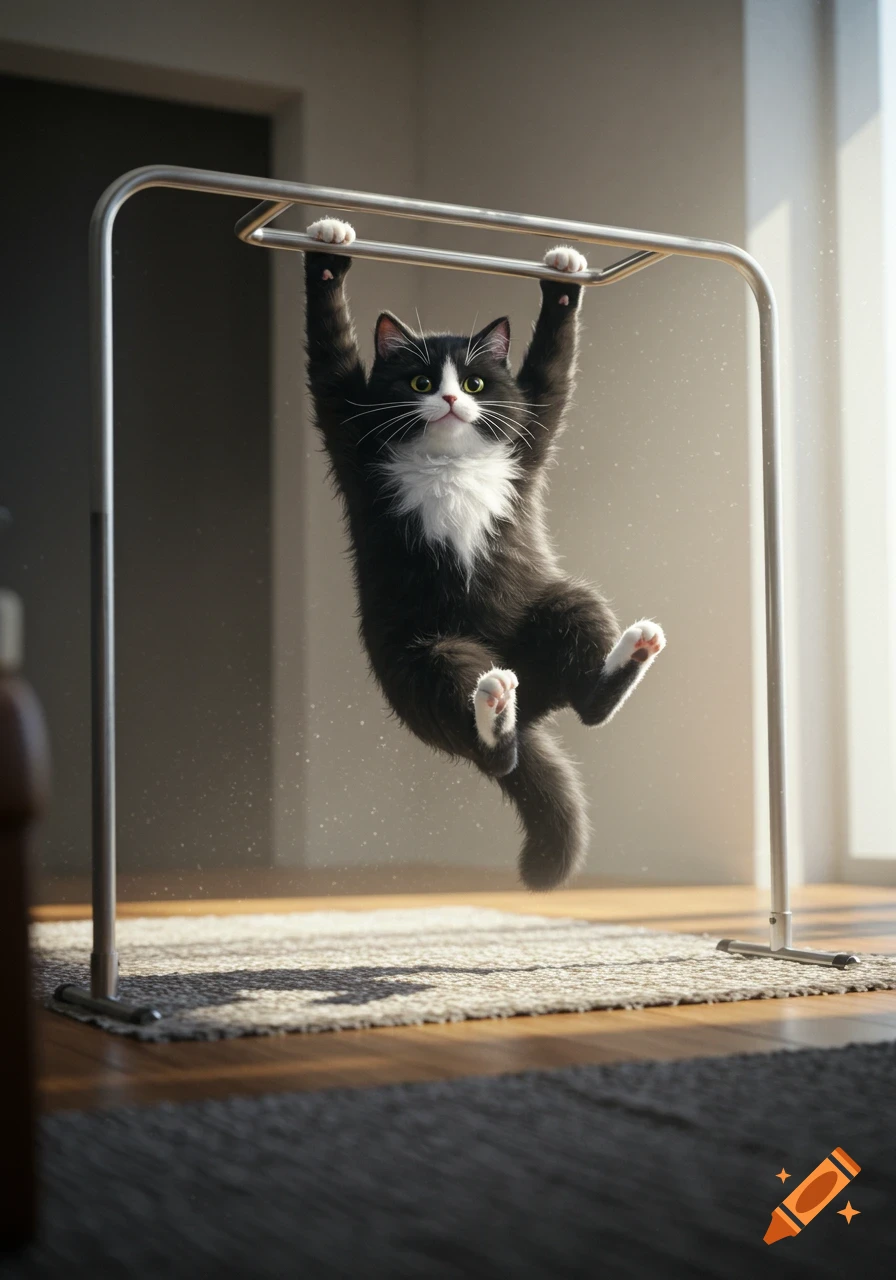 A fluffy black and white tuxedo cat hangs from a silver pull-up bar, looking up at the viewer with big green eyes in a sunlit room.