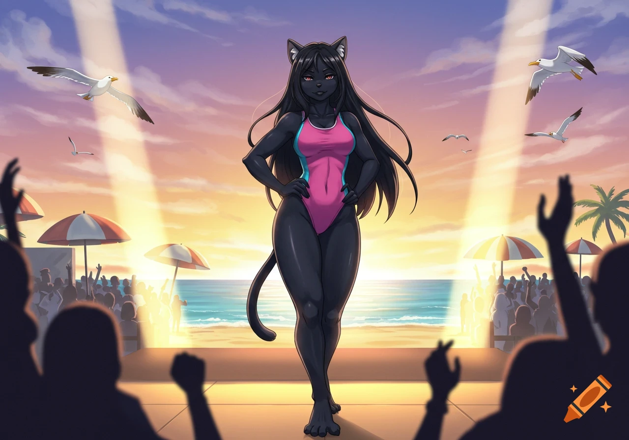 Anime-style illustration of a confident black cat girl in a pink swimsuit posing on an outdoor beach stage at sunset.